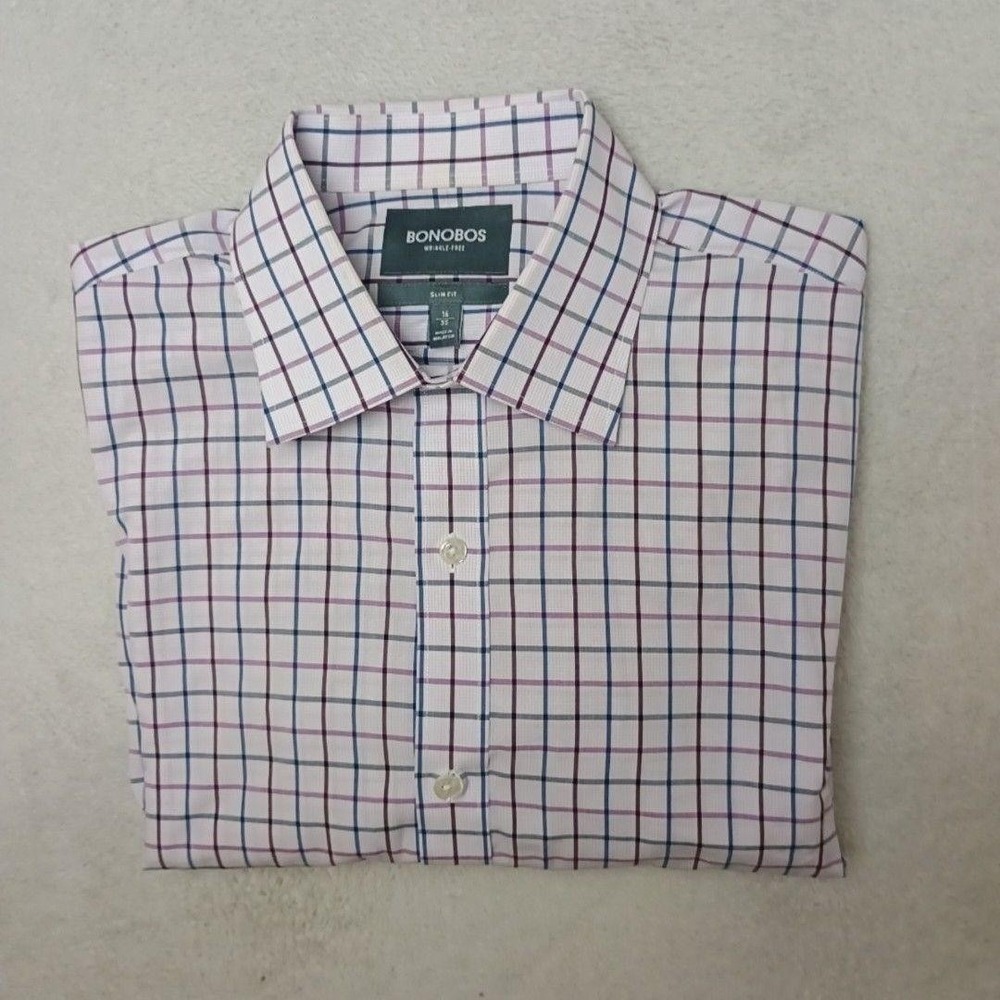 Bonobos Shirt Mens 16 35 White Check Slim Wrinkle-Free Button-Up Point Collar
